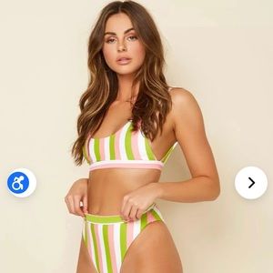 Dippin Daisy’s Scoop Neck Festival Stripped Bikini Top Size M Green Pink White